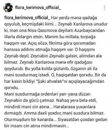 Flora Kərimovadan Zeynəb Xanlarovaya ağır ittiham 