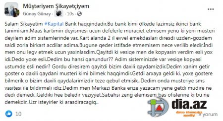 "Kapital Bank" öz müştərisini məmnun edə bilmirsə...